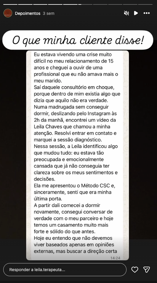 Depoimento de cliente após sessão com Leila Chaves